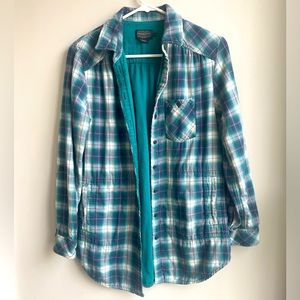 Pendleton Teal Blue Plaid Tunic Button Down Shirt Shacket with Tab Sleeves Small